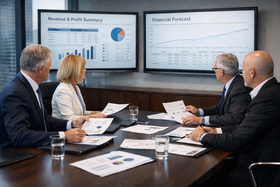 Finance leaders reviewing forecasts and financial reports in a modern corporate office.